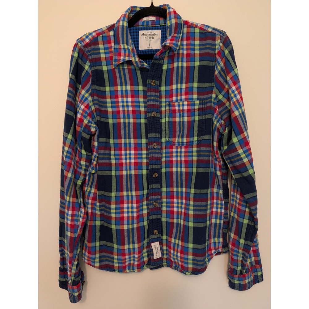 Abercrombie & Fitch Muscle Fit Plaid Flannel Shirt Mens Large Multicolor Y2K